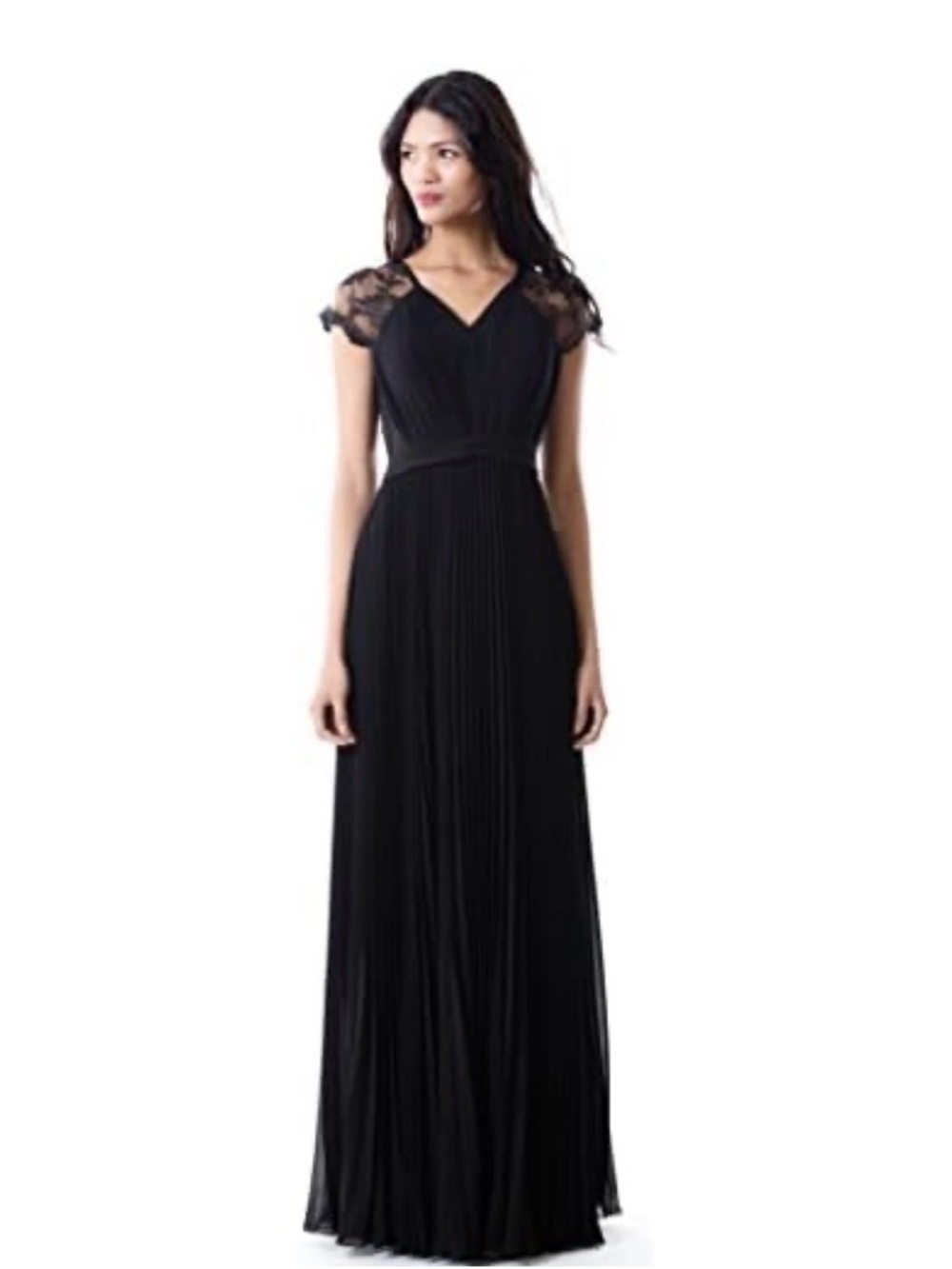 Miss Mint Women's Lace Cap Sleeves Pleated Chiffon V Neck Dress